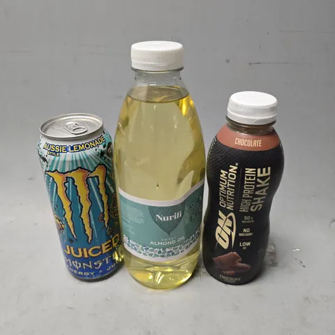 APPROXIMATELY 6 ASSORTED DRINKS ITEMS TO INCLUDE - MONSTER AUSSIE LEMONADE , ON PROTEIN SHAKE CHOCOLATE , NURITI ALMOND OIL