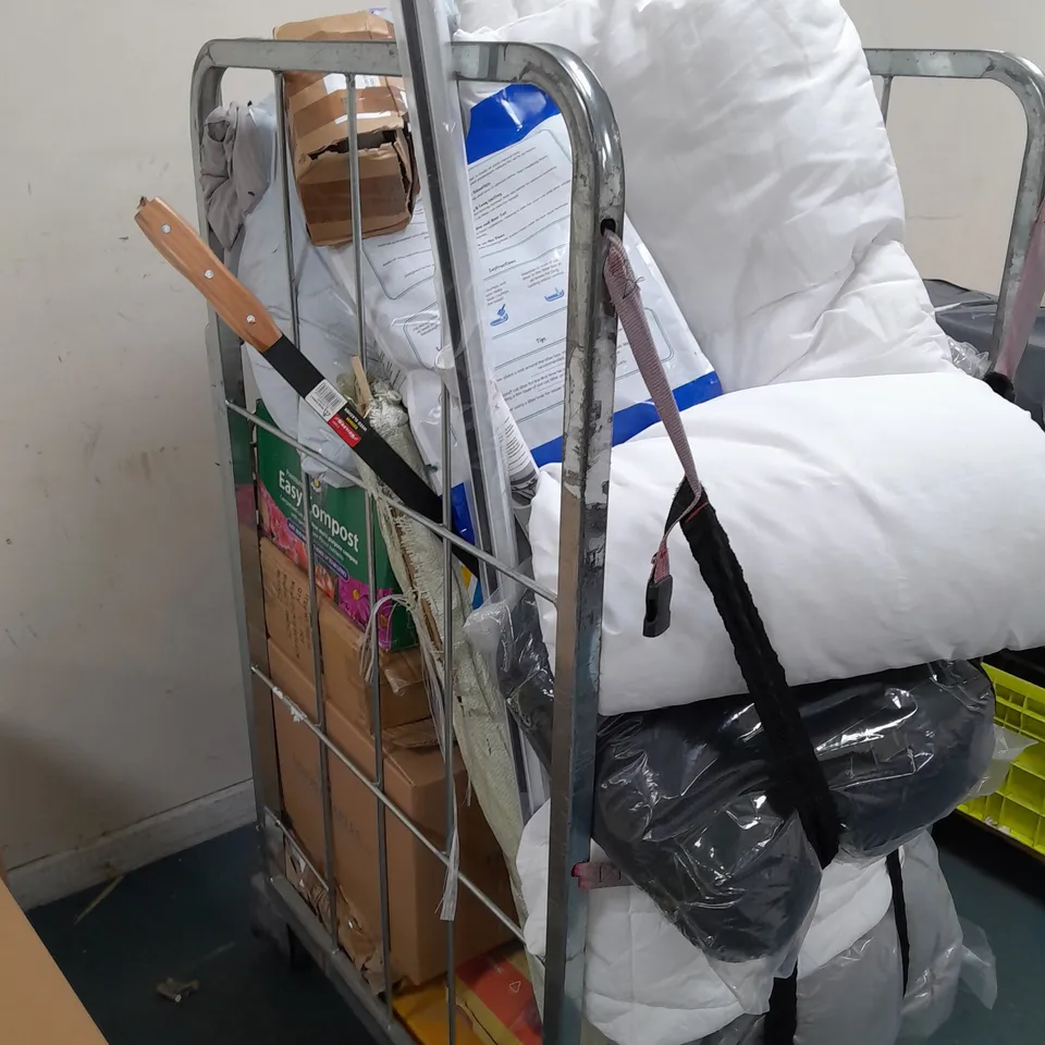CAGE OF ASSORTED HOUSEHOLD ITEMS TO INCLUDE PILLOWS, CAT LITTER, EASY COMPOST, WEED SLASHER, MOP BUCKET, AND CONCRETE MIX ETC.