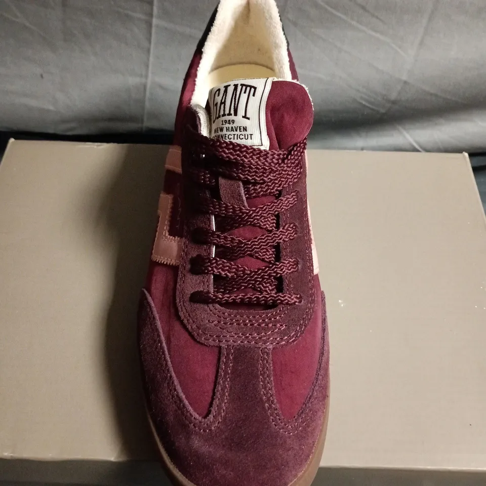 BOXED PAIR OFGANT BURGUNDY SUEDE TRAINERS - SIZE 39