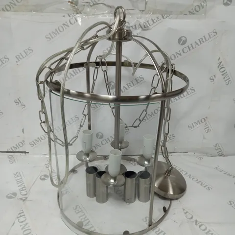 METAL CANDELABRA WITH CAGE AND 4 GLASS PANELS