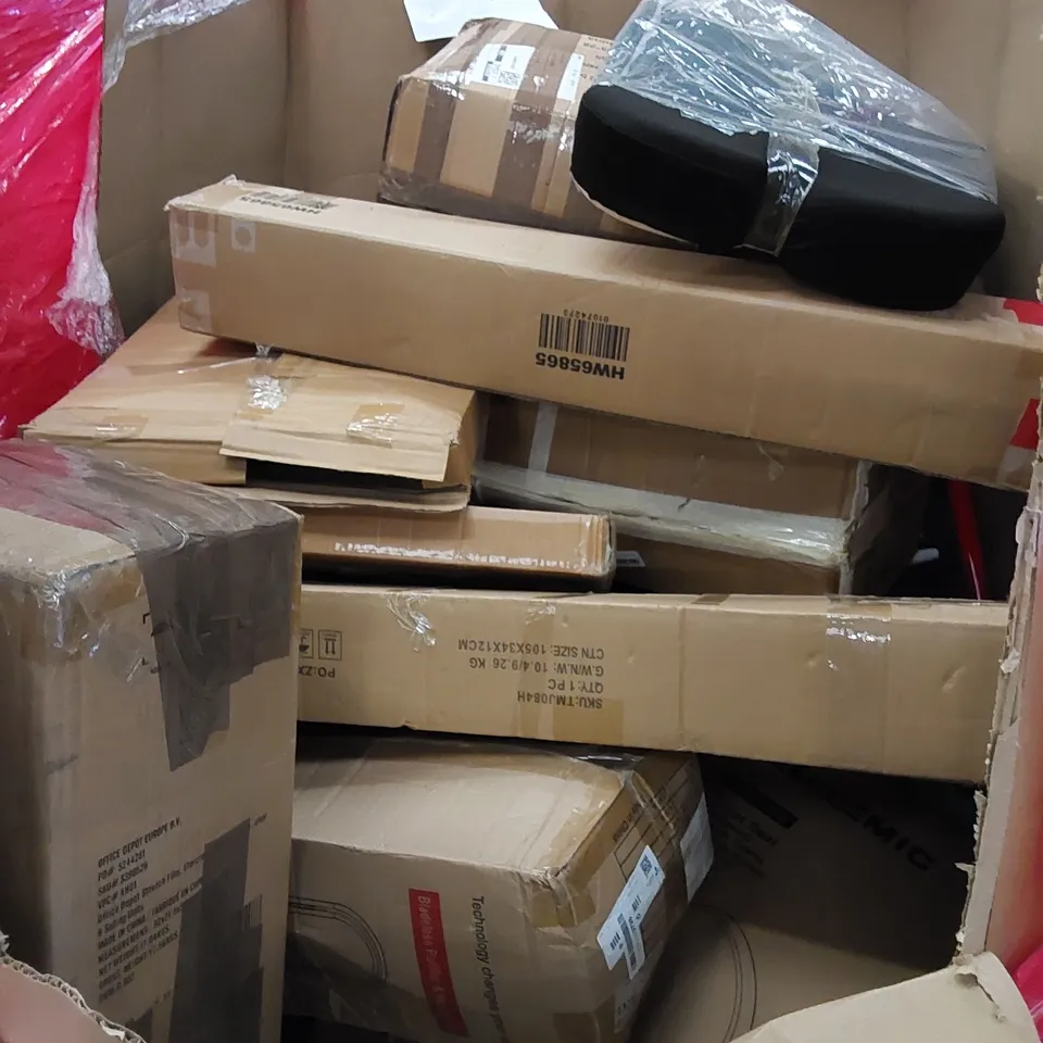 PALLET OF ASSORTED HOUSEHOLD ITEMS AND CONSUMER PRODUCTS. INCLUDES TOILET SEAT, BLADELESS PURIFIER & HEATER FAN, BOXED FURNITURE ETC