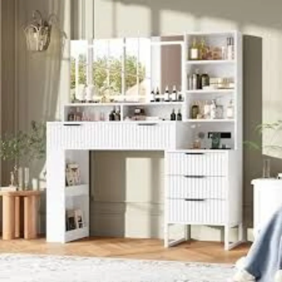 BOXED FLUTED MAKEUP VANITY DESK - WHITE (1 BOX)