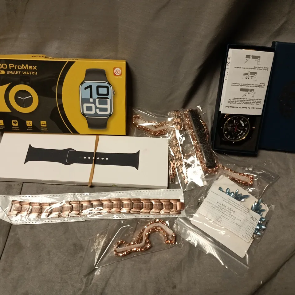 APPROXIMATELY 10 ASSORTED JEWELLERY ITEMS TO INCLUDE C900 PRO MAX SMART WATCHES, LIGE WATCH, BRACELETS, ETC