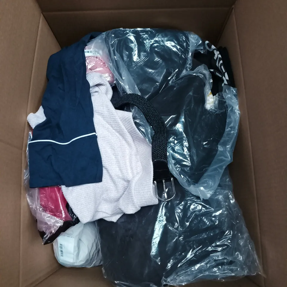 LARGE BOX OF APPROXIMATELY 25 ASSORTED CLOTHING ITEMS IN VARIOUS COLOURS, STYLES AND SIZES - COLLECTION ONLY