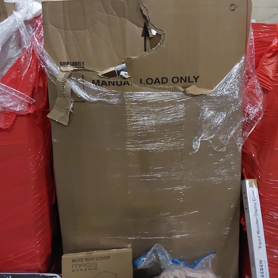 PALLET OF ASSORTED ITEMS INCLUDING: ELECTRIC BLANKET, MEMORY FOAM PLUSH, EXTENDABLE WATER BRUSH, TRIPOD EASEL, TOILET SEAT