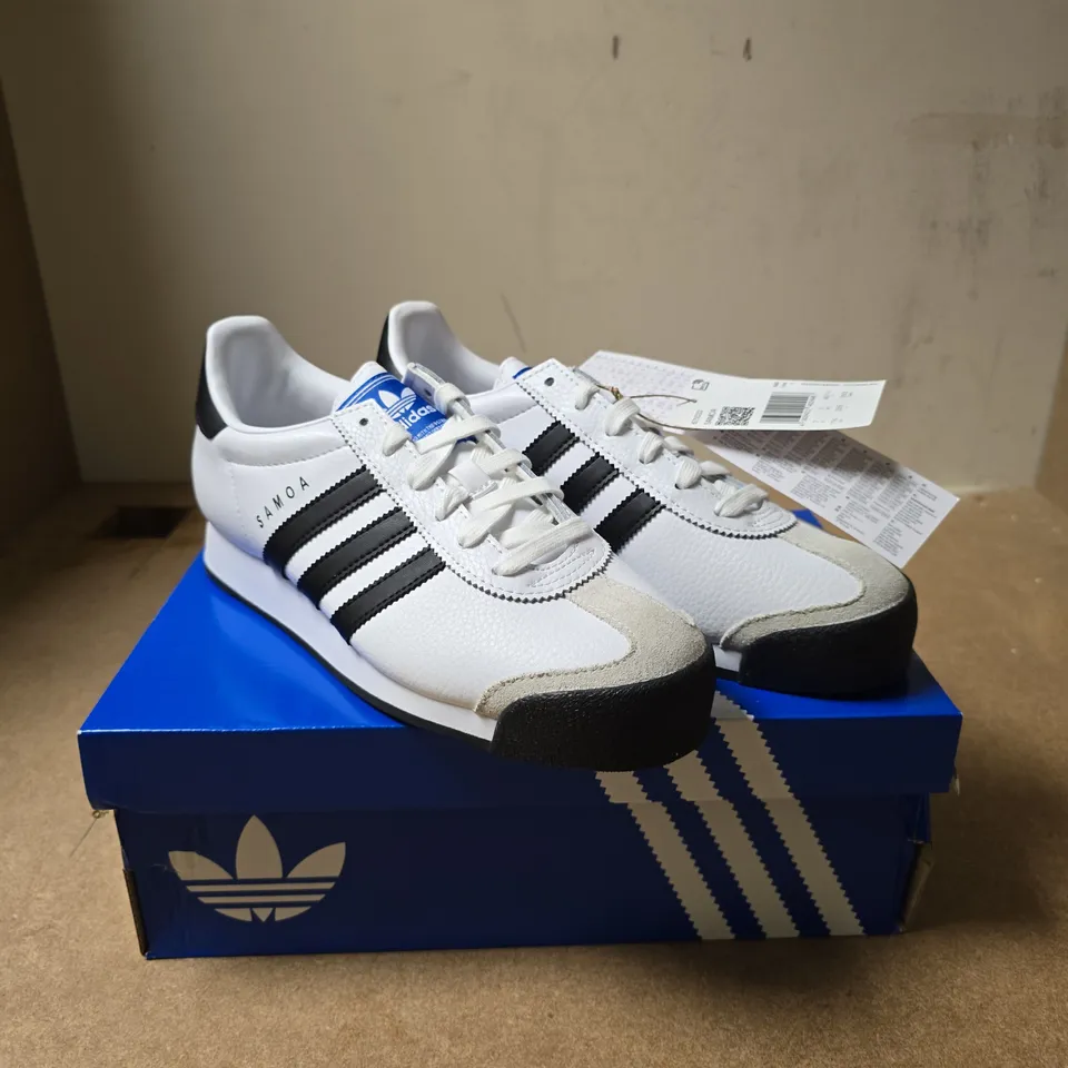 ADIDAS SAMOA SNEAKERS – WHITE LEATHER, BLACK STRIPES, UK 7 