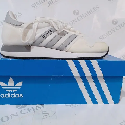 BOXED PAIR OF ADIDAS USA 84 TRAINERS IN CREAM/GREY UK SIZE 8