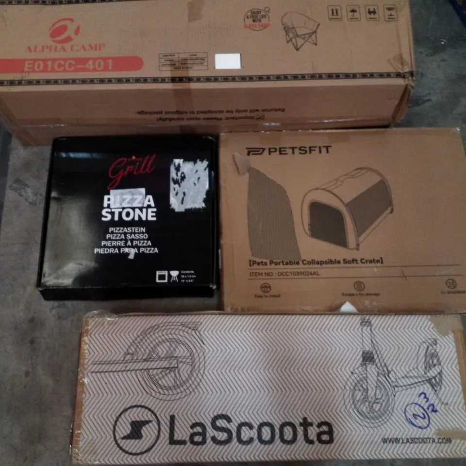 PALLET OF ASSORTED PRODUCTS INCLUDING PORTABLE COLLAPSIBLE SOFT CRATE, PIZZA STONE, FOLDABLE CAMPING CHAIR, LA SCOOTA SCOOTER