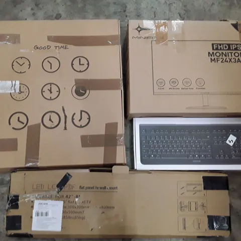 PALLET TO CONTAIN AN ASSORTMENT OF HOUSEHOLD ITEMS TO INCLUDE WALL CLOCKS, WIRELESS KEYBOARDS AND MOUSE, TV WALL MOUNT AND MONITOR ECT