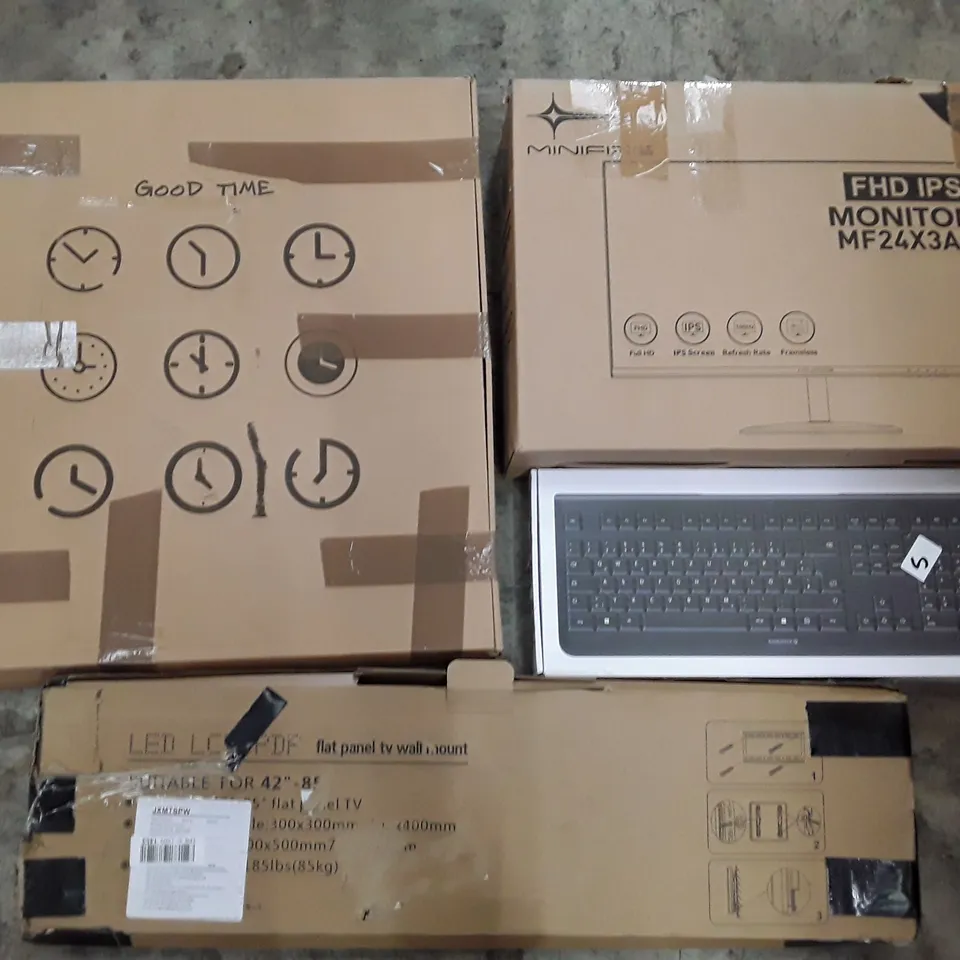 PALLET TO CONTAIN AN ASSORTMENT OF HOUSEHOLD ITEMS TO INCLUDE WALL CLOCKS, WIRELESS KEYBOARDS AND MOUSE, TV WALL MOUNT AND MONITOR ECT