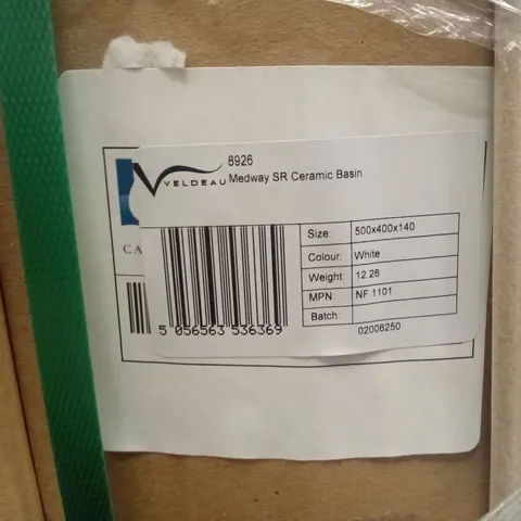 PALLET OF APPROXIMATELY 28 x BOXED VELDEAU MEDWAY SR CERAMIC BASINS, WHITE
