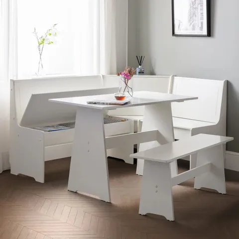 BOXED JULIAN BOWEN NEWPORT CORNER DINING SET WITH STORAGE BENCH - WHITE (2 BOXES)