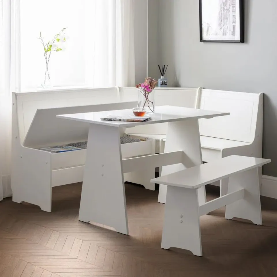 BOXED JULIAN BOWEN NEWPORT CORNER DINING SET WITH STORAGE BENCH - WHITE (2 BOXES)