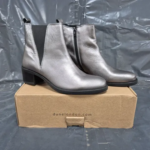 BOXED PAIR OF DUNE LONDON CHELSEA BOOTS IN METALLIC PEWTER SIZE 6