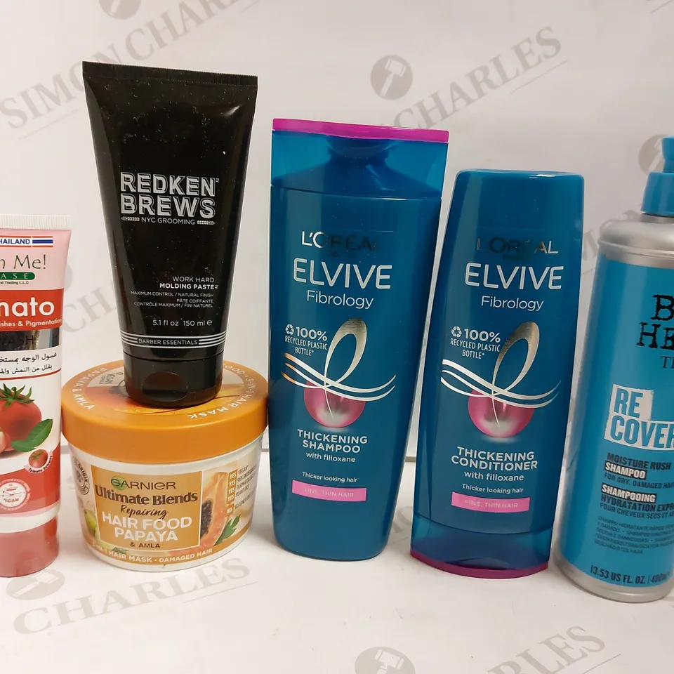 BOX OF APPROX 10 ITEMS TO INCLUDE ELVIVE FIBROLOGY SHAMPOO AND CONDITIONER, GARNIER HAIR FOOD, BED HEAD RECOVERY SHAMPOO