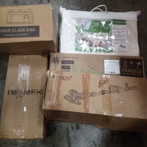PALLET CONTAINING ASSORTED PRODUCTS INCLUDING STAINLESS STEEL SINK, COOLMAX CONTOUR PILLOW, ARTIFICIAL PLANTS, DRYWALL SANDER & KIDS SCOOTER