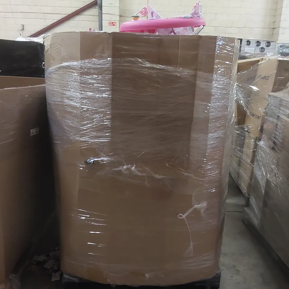 PALLET CONTAINING A LARGE QUANTITY OF ASSORTED TOYS INCLUDING: BABY WALKER, TOY XSHOT GUN, 3-IN-1 TABLETOP MULTI GAME SET, COTTON CANDY MAKER ECT