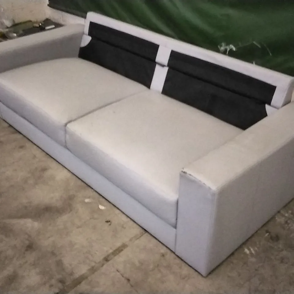 DESIGNER LIGHT GREY LEATHER  3 SEATER SOFA (CUSHIONS MISSING)