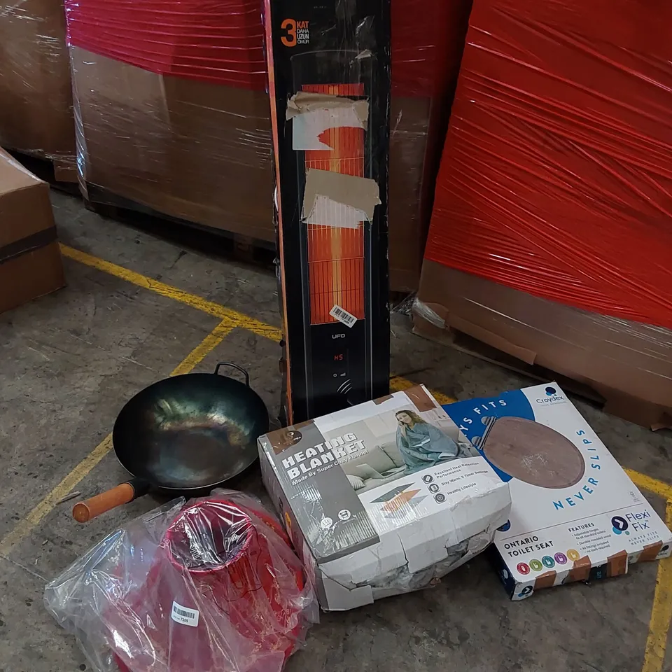 PALLET OF ASSORTED ITEMS INCLUDING: HEATED BLANKET, SPACE HEATER, WOK FRYING PANS, DESIGNER LAMPSHADE, TOILET SEAT