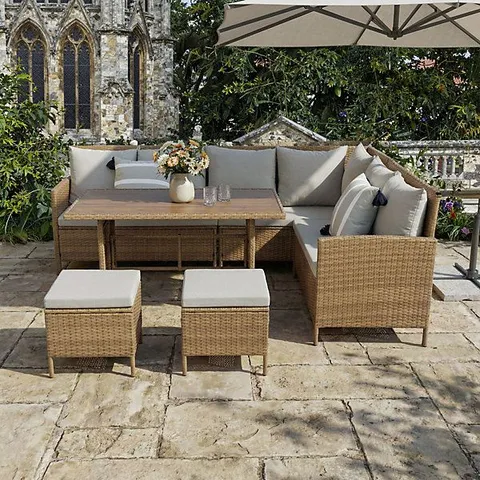 BOXED THALIA RATTAN GARDEN CORNER 8 SEATER OUTDOOR SOFA DINING SET WITH PLYWOOD TABLE BROWN (3 BOXES)