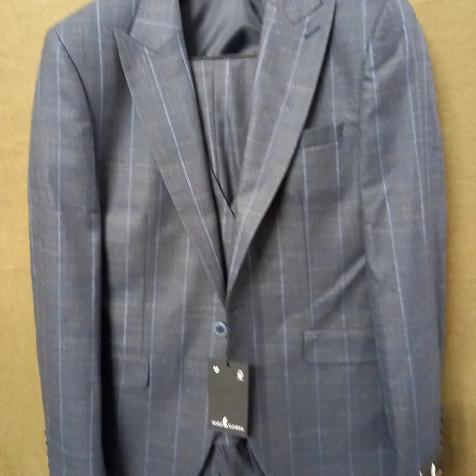 MOSES KUSHNER BLUE CHECK 3-PIECE SUIT - JACKET 46 TROUSERS 56