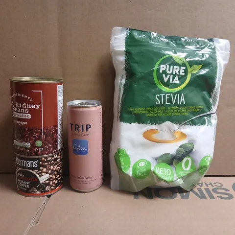 APPROXIMATELY 15 ASSORTED FOOD AND DRINK ITEMS TO INCLUDE PURE VIA STEVIA, TRIP, ETC