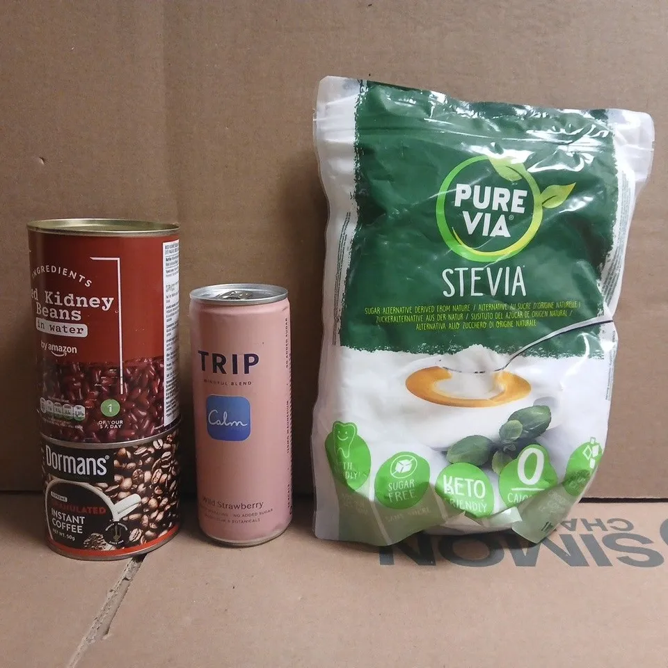 APPROXIMATELY 15 ASSORTED FOOD AND DRINK ITEMS TO INCLUDE PURE VIA STEVIA, TRIP, ETC