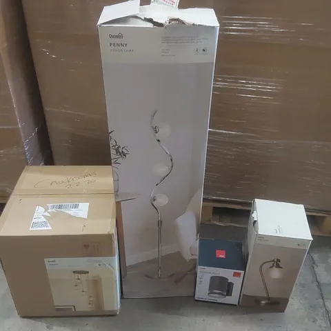 PALLET CONTAINING A VERY LARGE QUANTITY OF ASSORTED DESIGNER LIGHTING PRODUCTS INCLUDING: PENNY FLOOR LAMP, ALEXIS CLUSTER CEILING LIGHT, AMESBURY TABLE LAMP ECT