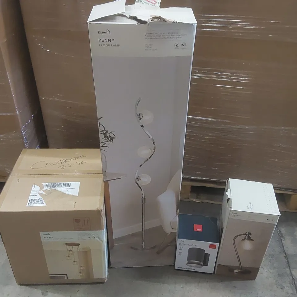 PALLET CONTAINING A VERY LARGE QUANTITY OF ASSORTED DESIGNER LIGHTING PRODUCTS INCLUDING: PENNY FLOOR LAMP, ALEXIS CLUSTER CEILING LIGHT, AMESBURY TABLE LAMP ECT