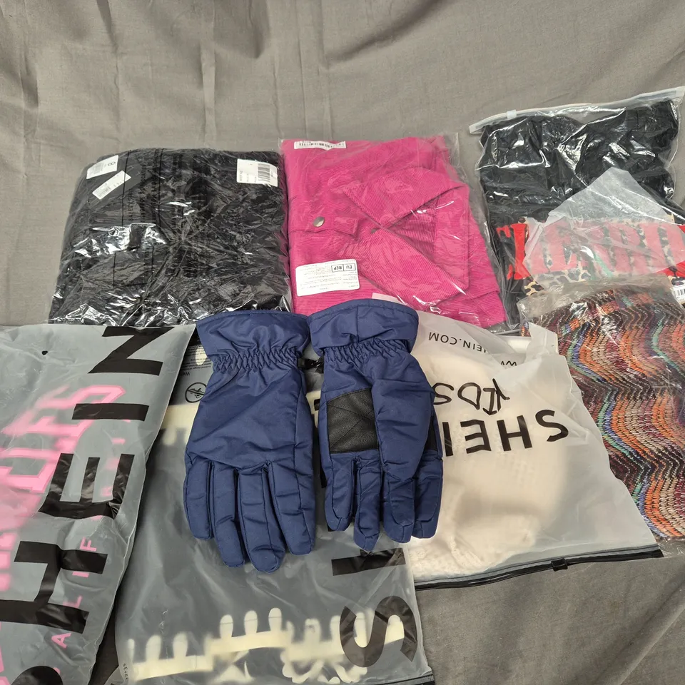 LARGE BOX OF ASSORTED CLOTHING ITEMS IN VARIOUS SIZES, STYLES AND COLOUR TO INCLUDE TOPS, GLOVES, JACKETS, ETC