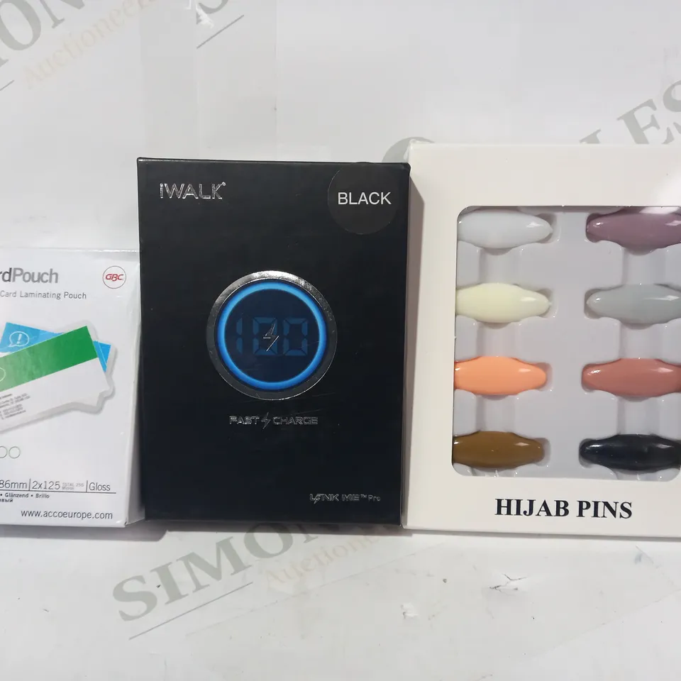 LOT OF APPROXIMATELY 10 ASSORTED HOUSEHOLD ITEMS TO INCLUDE HIJAB PINS, IWALK FAST CHARGE, CARD POUCH CREDIT CARD LAMINATING POUCH, ETC