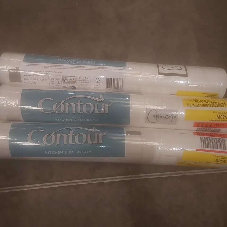 3 ROLLS OF PACKAGED COUNOIR CAFE CULTURE KITCHEN GREY/WHITE TILED WASHABLE TYPOGRAPHY - 10.5 X 0.52M EACH (1 ITEM)