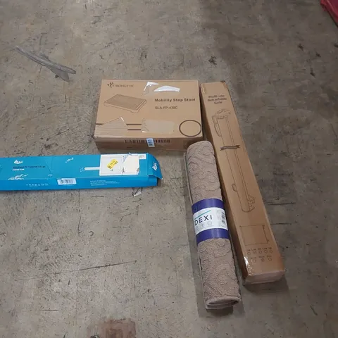 PALLET OF ASSORTED ITEMS INCLUDING: RETRACTABLE SAFETY GATE, AQUARIUM LIGHT, MATS, MOBILITY STEP STOOL ECT