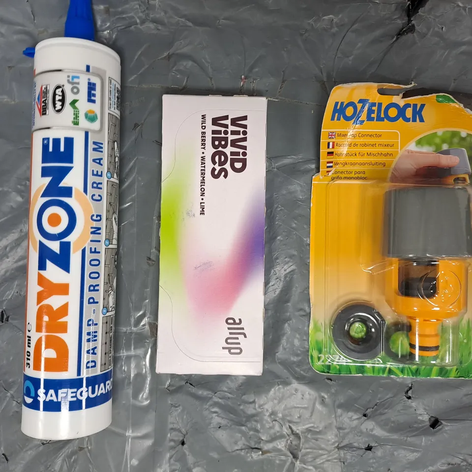 APPROXIMATELY 8 ASSORTED HOUSEHOLD ITEMS TO INCLUDE HOZELOCK MIXER TAP CONNECTOR, AIR UP VIVID VIBES AROMA PODS, ETC
