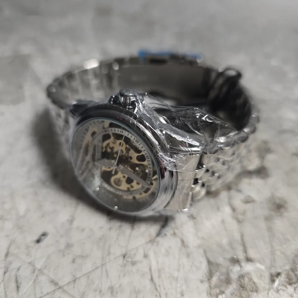 BOXED GLOBENFIELD EXHIBITION DIAL GENTS WATCH WITH SKELETON BACK CASE AND METAL STRAP