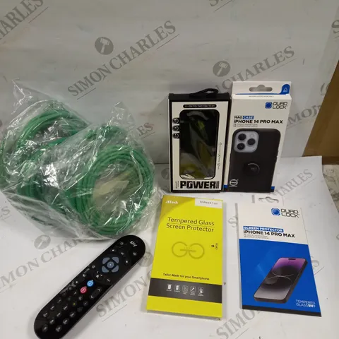 BOX OF APPROXIMATELY 20 ASSORTED PHONE & ELECTRICAL ITEMS TO INCLUDE IPHONE 14 PRO MAX CASE, SKY REMOTE CONTROL, TEMPERED GLASS SCREEN PROTECTOR ETC