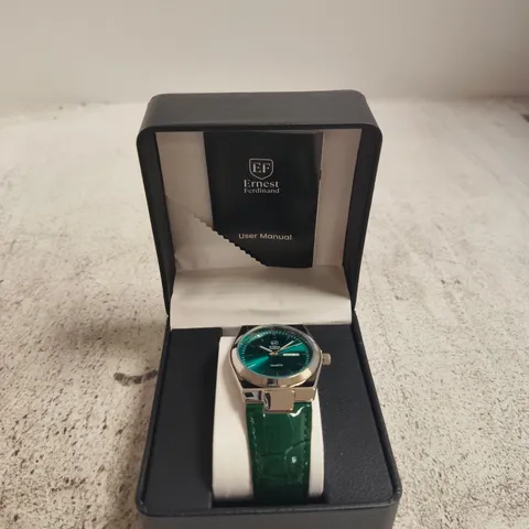 ERNEST FERDINAND WRISTWATCH – GREEN DIAL, GREEN LEATHER STRAP, BOXED