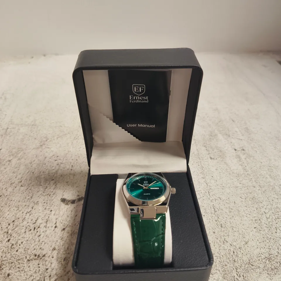 ERNEST FERDINAND WRISTWATCH – GREEN DIAL, GREEN LEATHER STRAP, BOXED