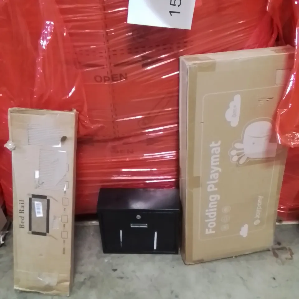 PALLET OF ASSORTED HOUSEHOLD GOODS AND PRODUCTS TO INCLUDE;POSTBOX,PLAY MATS,BED RAIL