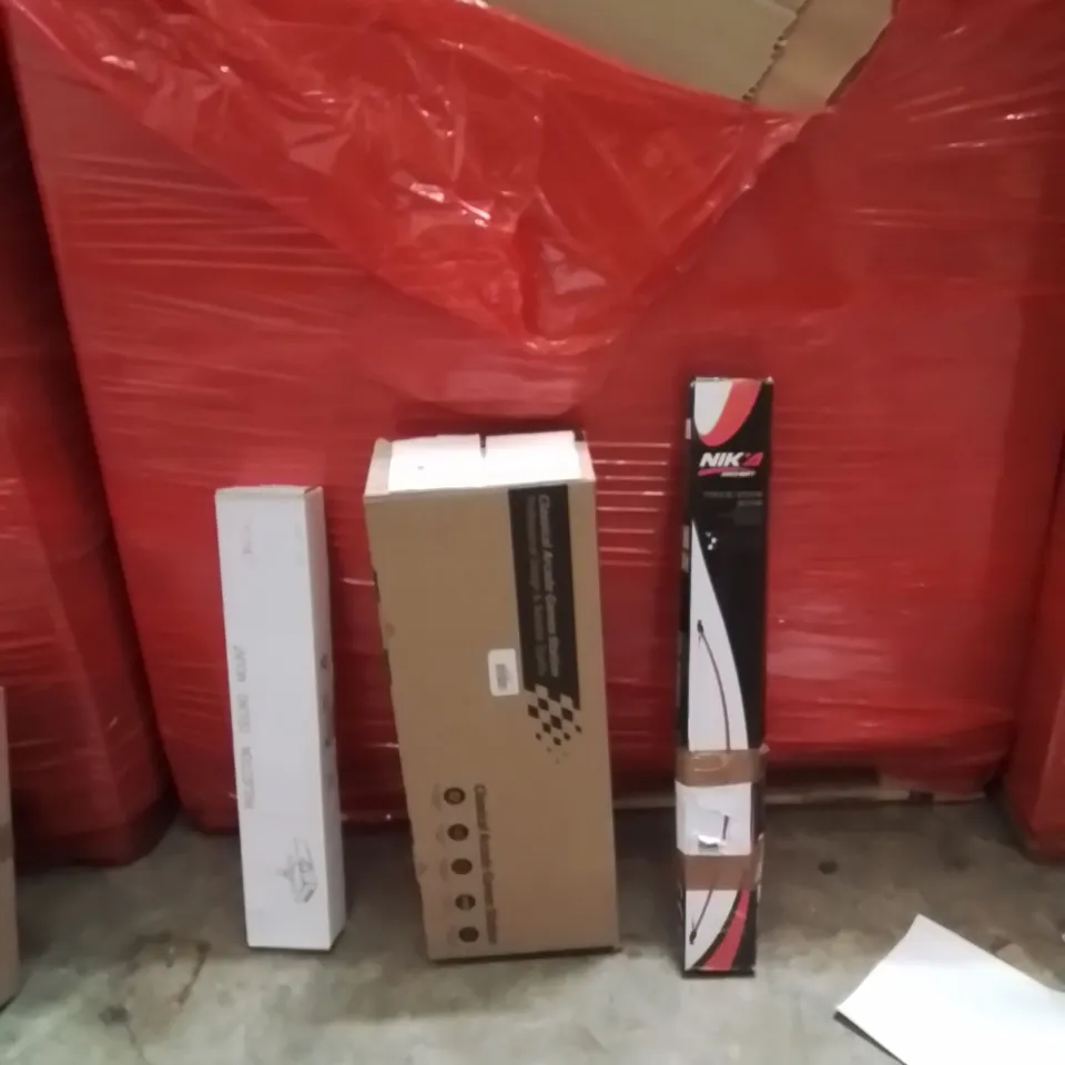PALLET OF ASSORTED HOUSEHOLD GOODS AND PRODUCTS TO INCLUDE;PROJECTOR CEILING MOUNT,CLASSIC ARCADE GAMES STATION,BOW