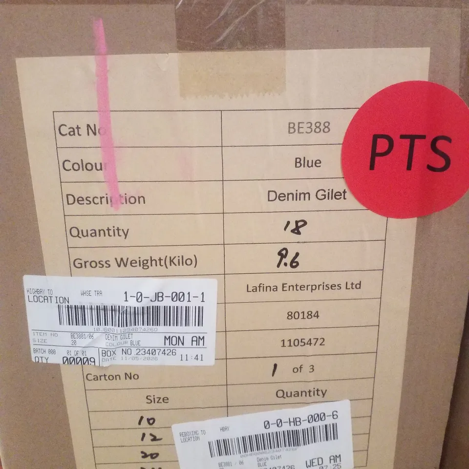 BOX CONTAINING APPROXIMATELY 9 BRAND NEW SIMPLY BE BLUE TIE FRONT QUILTED DENIM GILET - SIZE 20