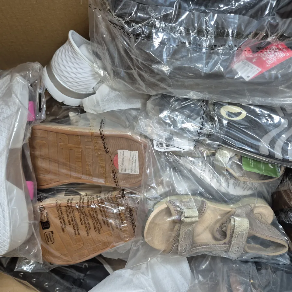 BOX OF APPROXIMATELY 10 PAIRS OF SHOES AND FOOTWEAR ITEMS IN VARIOUS SIZES AND STYLES TO INCLUDE CLARKS, SKECHERS, MODA IN PELLE, ETC - COLLECTION ONLY