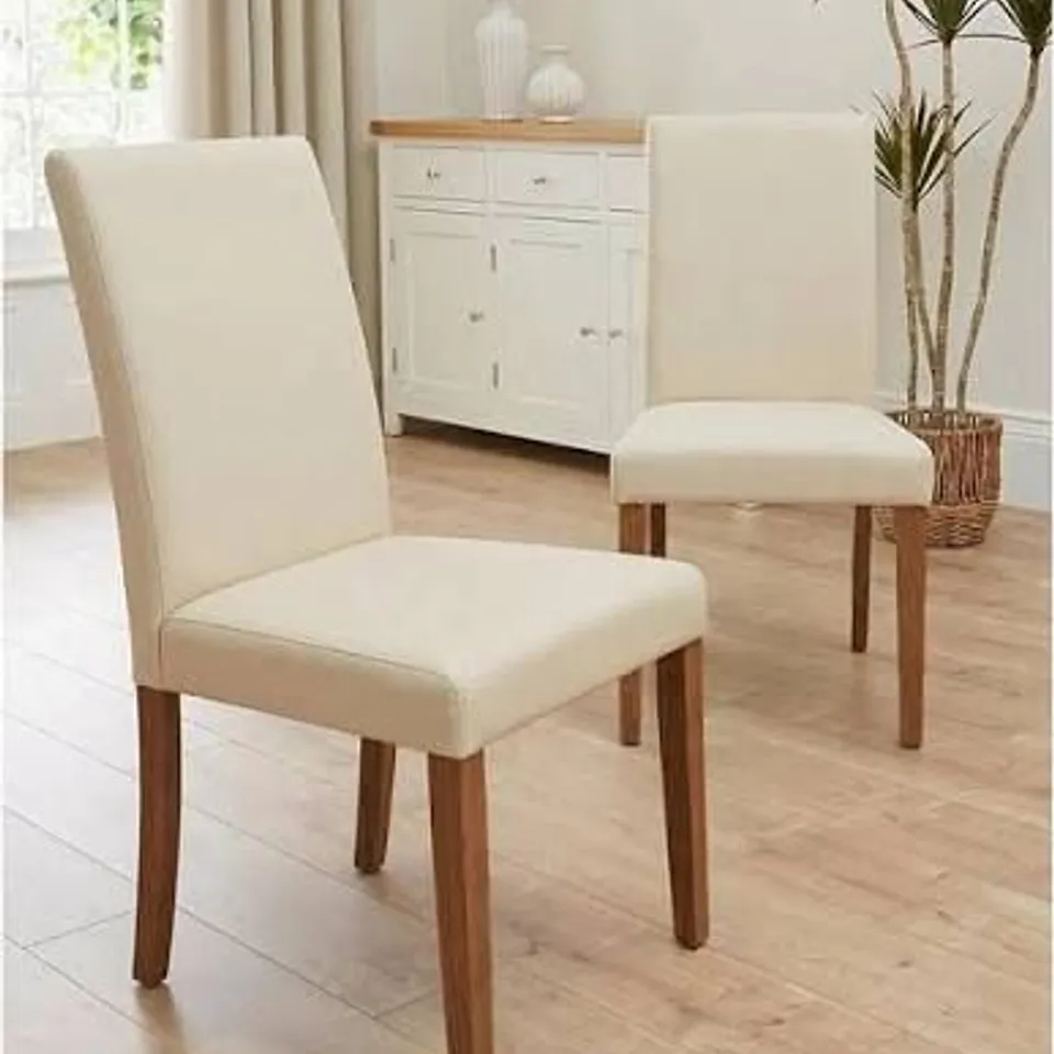 BOXED PRIMO PAIR OF FAUX LEATHER DINING CHAIRS - CREAM/WALNUT