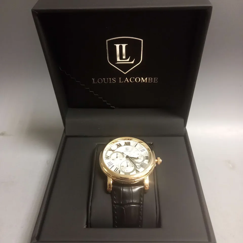 BOXED LOUIS LACOMBE TEXTURED STRAP WRIST WATCH IN BLACK/GOLD