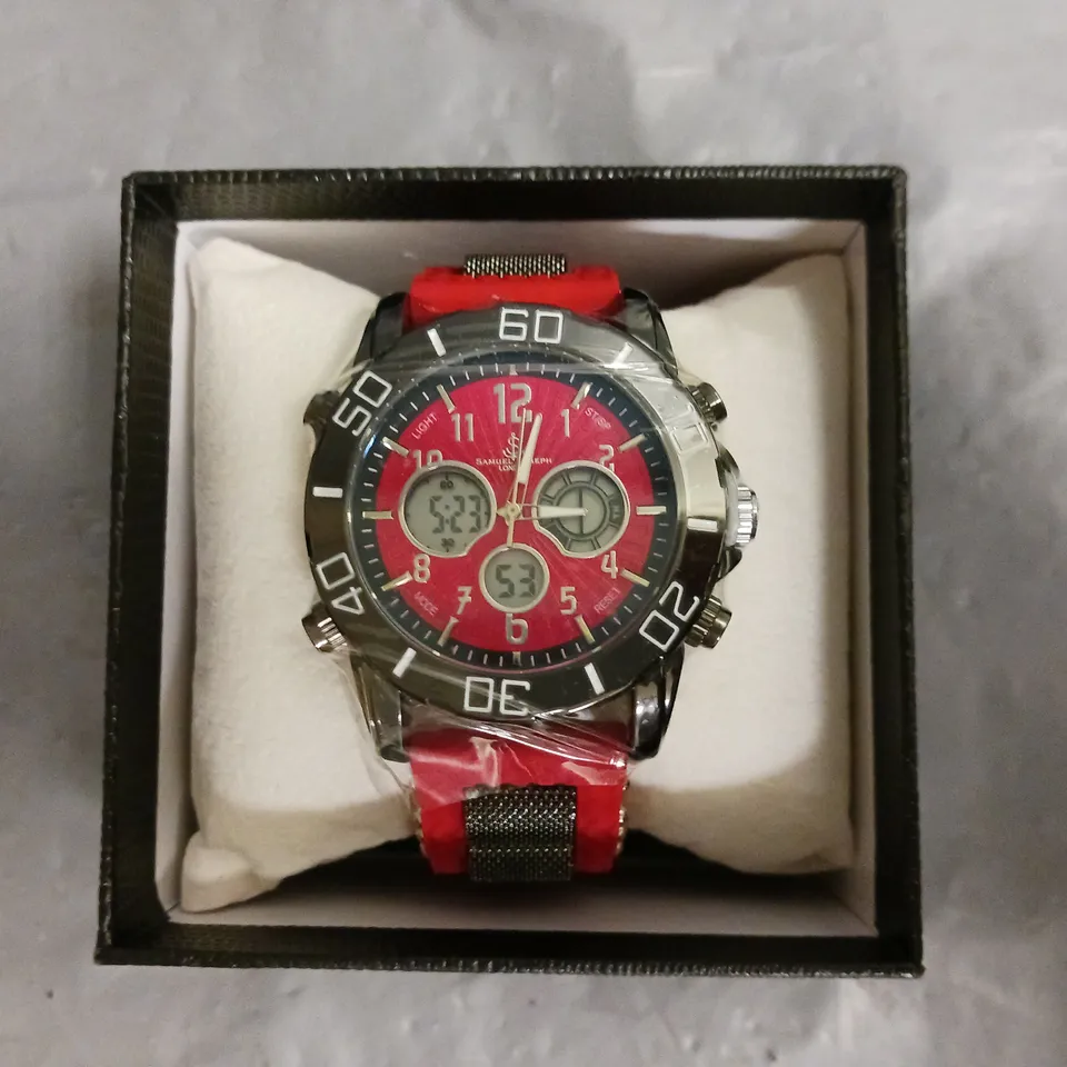 BOXED SAMUEL JOSEPH MULTI FUNCTIONAL RED DIAL CHRONOGRAPH WATCH