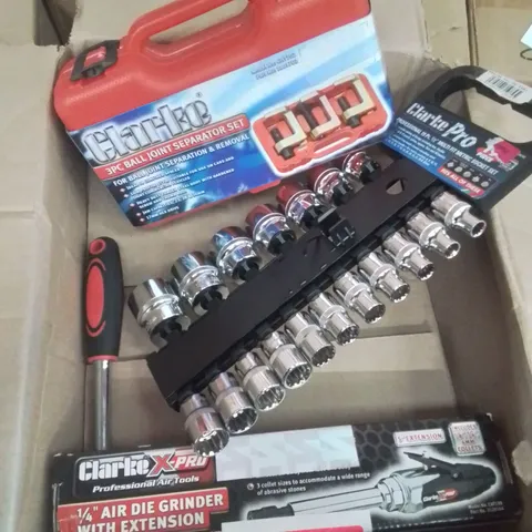 MIXED BOX OF TOOLS TO INCLUDE: CLARKE 3PC BALL JOINT SEPARATOR SET, LARGE SOCKET SET, ΒΌ" AIR DIE GRINDER WITH EXTENSION