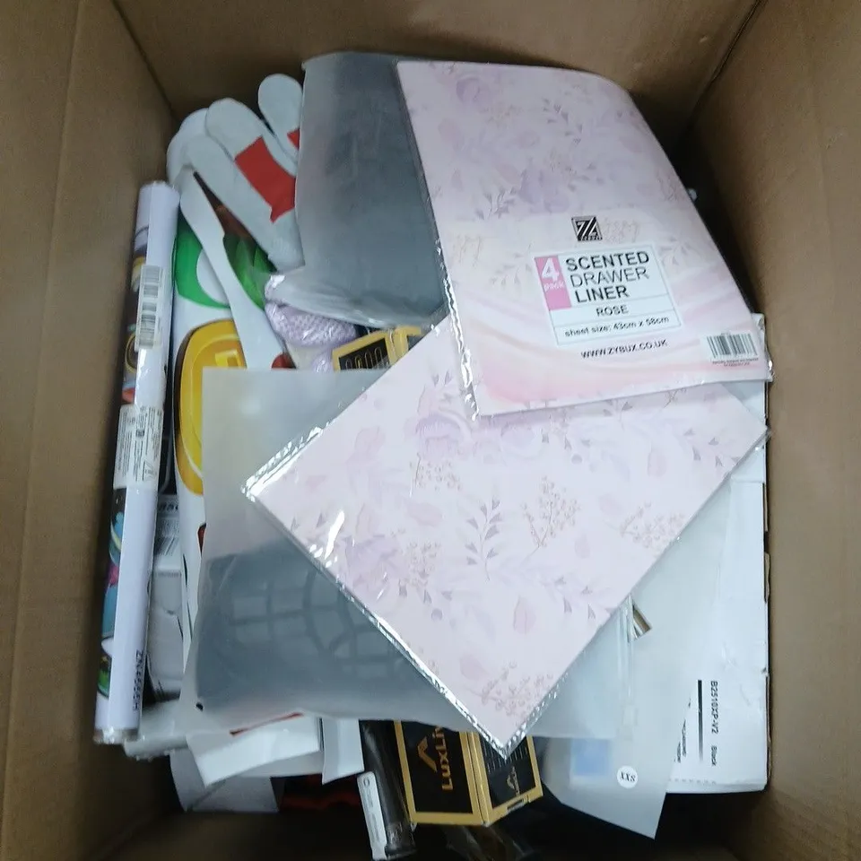 BOX OF APPROXIMATELY 15 ASSORTED HOUSEHOLD ITEMS TO INCLUDE HOOVER PARTS , STICKERS AND OUTDOOR GLOVES