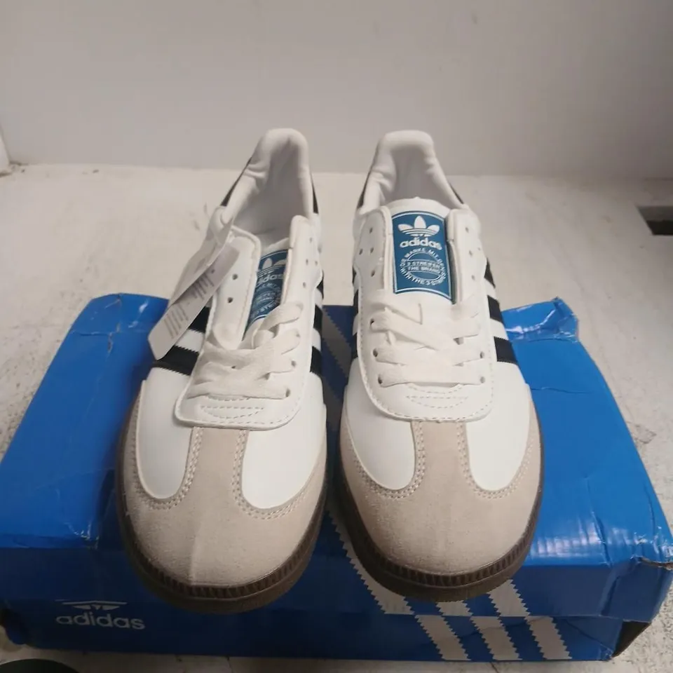 ADIDAS SAMBA SNEAKERS – WHITE/BLACK, UK 7.5 (US 8) – BOXED