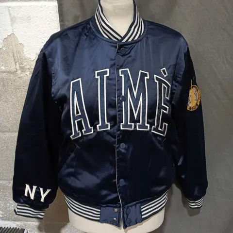 AIMÉ LEON DORE NAVY SATIN VARSITY JACKET – 'AIMÉ' LETTERING WITH NY PATCH - SIZE S 