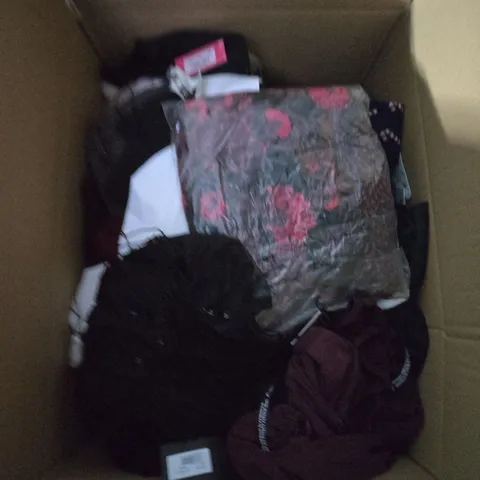 LARGE BOX OF ASSORTED CLOTHING ITEMS IN VARIOUS SIZES, STYLES AND COLOUR 